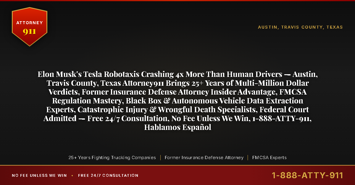 Elon Musk's Tesla Robotaxis Crashing 4x More Than Human Drivers — Austin, Travis County, Texas Attorney911 Brings 25+ Years of Multi-Million Dollar Verdicts, Former Insurance Defense Attorney Insider Advantage, FMCSA Regulation Mastery, Black Box & Autonomous Vehicle Data Extraction Experts, Catastrophic Injury & Wrongful Death Specialists, Federal Court Admitted — Free 24/7 Consultation, No Fee Unless We Win, 1-888-ATTY-911, Hablamos Español - Attorney911