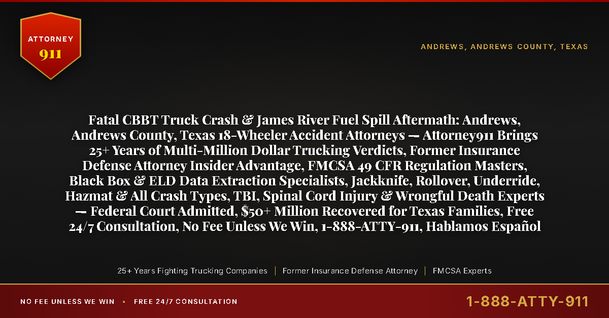Fatal CBBT Truck Crash & James River Fuel Spill Aftermath: Andrews, Andrews County, Texas 18-Wheeler Accident Attorneys — Attorney911 Brings 25+ Years of Multi-Million Dollar Trucking Verdicts, Former Insurance Defense Attorney Insider Advantage, FMCSA 49 CFR Regulation Masters, Black Box & ELD Data Extraction Specialists, Jackknife, Rollover, Underride, Hazmat & All Crash Types, TBI, Spinal Cord Injury & Wrongful Death Experts — Federal Court Admitted, $50+ Million Recovered for Texas Families, Free 24/7 Consultation, No Fee Unless We Win, 1-888-ATTY-911, Hablamos Español - Attorney911