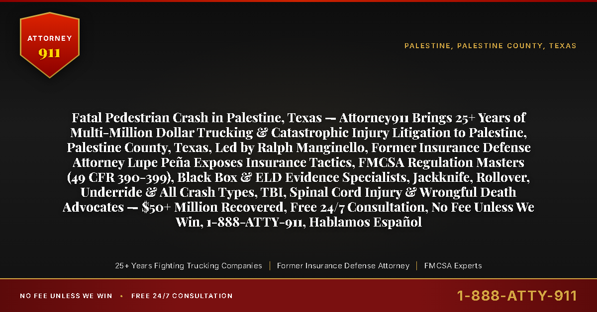 Fatal Pedestrian Crash in Palestine, Texas — Attorney911 Brings 25+ Years of Multi-Million Dollar Trucking & Catastrophic Injury Litigation to Palestine, Palestine County, Texas, Led by Ralph Manginello, Former Insurance Defense Attorney Lupe Peña Exposes Insurance Tactics, FMCSA Regulation Masters (49 CFR 390-399), Black Box & ELD Evidence Specialists, Jackknife, Rollover, Underride & All Crash Types, TBI, Spinal Cord Injury & Wrongful Death Advocates — $50+ Million Recovered, Free 24/7 Consultation, No Fee Unless We Win, 1-888-ATTY-911, Hablamos Español - Attorney911