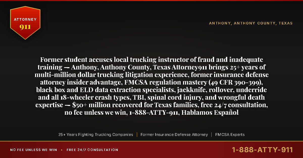 Former student accuses local trucking instructor of fraud and inadequate training — Anthony, Anthony County, Texas Attorney911 brings 25+ years of multi-million dollar trucking litigation experience, former insurance defense attorney insider advantage, FMCSA regulation mastery (49 CFR 390-399), black box and ELD data extraction specialists, jackknife, rollover, underride and all 18-wheeler crash types, TBI, spinal cord injury, and wrongful death expertise — $50+ million recovered for Texas families, free 24/7 consultation, no fee unless we win, 1-888-ATTY-911, Hablamos Español - Attorney911
