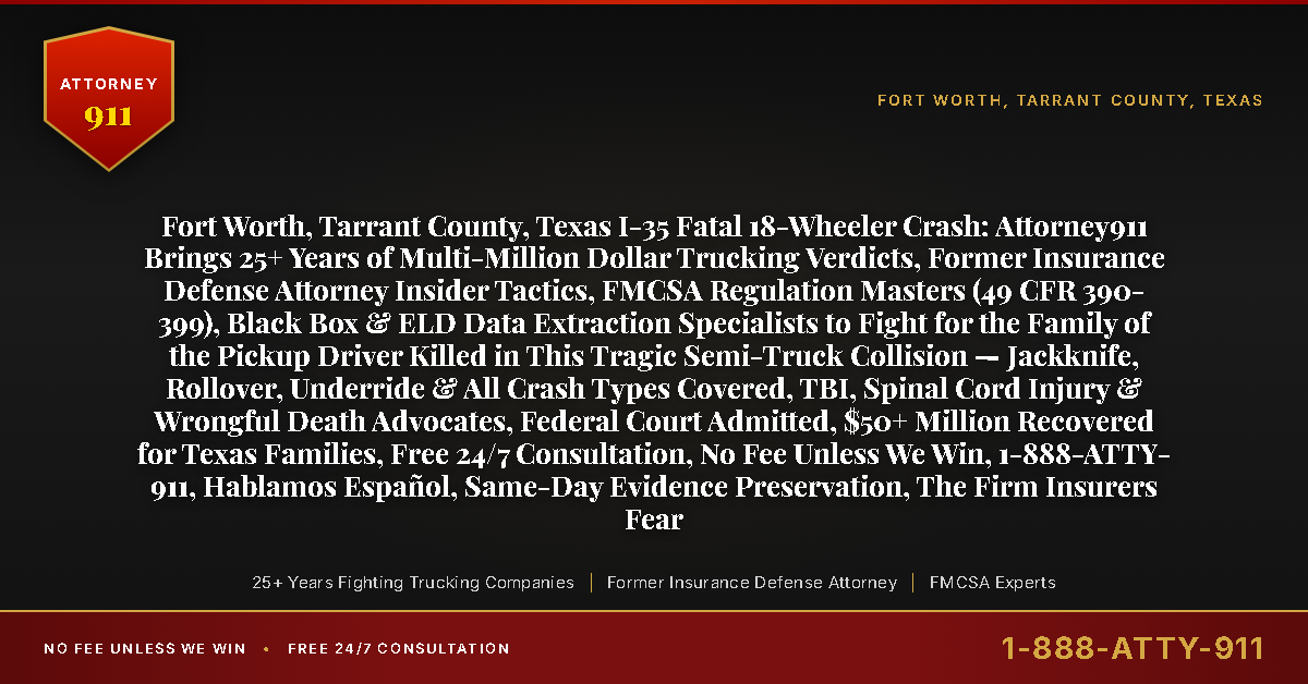Fort Worth, Tarrant County, Texas I-35 Fatal 18-Wheeler Crash: Attorney911 Brings 25+ Years of Multi-Million Dollar Trucking Verdicts, Former Insurance Defense Attorney Insider Tactics, FMCSA Regulation Masters (49 CFR 390-399), Black Box & ELD Data Extraction Specialists to Fight for the Family of the Pickup Driver Killed in This Tragic Semi-Truck Collision — Jackknife, Rollover, Underride & All Crash Types Covered, TBI, Spinal Cord Injury & Wrongful Death Advocates, Federal Court Admitted, $50+ Million Recovered for Texas Families, Free 24/7 Consultation, No Fee Unless We Win, 1-888-ATTY-911, Hablamos Español, Same-Day Evidence Preservation, The Firm Insurers Fear - Attorney911