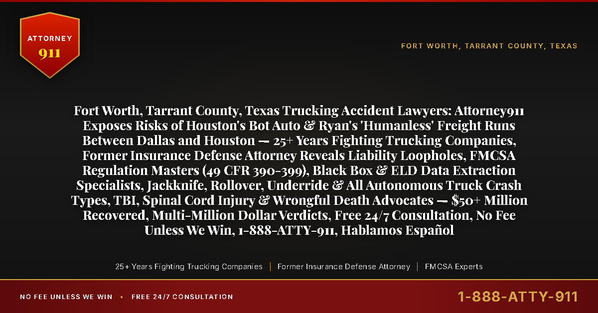Fort Worth, Tarrant County, Texas Trucking Accident Lawyers: Attorney911 Exposes Risks of Houston's Bot Auto & Ryan's 'Humanless' Freight Runs Between Dallas and Houston — 25+ Years Fighting Trucking Companies, Former Insurance Defense Attorney Reveals Liability Loopholes, FMCSA Regulation Masters (49 CFR 390-399), Black Box & ELD Data Extraction Specialists, Jackknife, Rollover, Underride & All Autonomous Truck Crash Types, TBI, Spinal Cord Injury & Wrongful Death Advocates — $50+ Million Recovered, Multi-Million Dollar Verdicts, Free 24/7 Consultation, No Fee Unless We Win, 1-888-ATTY-911, Hablamos Español - Attorney911