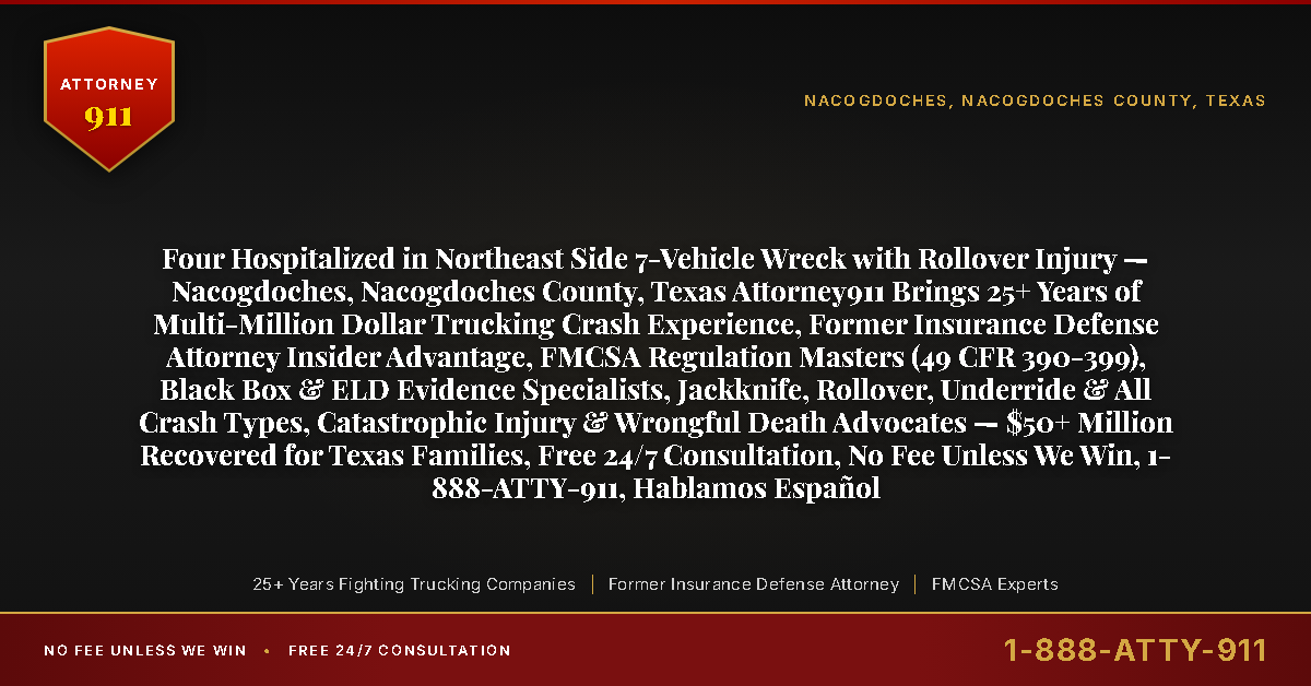 Four Hospitalized in Northeast Side 7-Vehicle Wreck with Rollover Injury — Nacogdoches, Nacogdoches County, Texas Attorney911 Brings 25+ Years of Multi-Million Dollar Trucking Crash Experience, Former Insurance Defense Attorney Insider Advantage, FMCSA Regulation Masters (49 CFR 390-399), Black Box & ELD Evidence Specialists, Jackknife, Rollover, Underride & All Crash Types, Catastrophic Injury & Wrongful Death Advocates — $50+ Million Recovered for Texas Families, Free 24/7 Consultation, No Fee Unless We Win, 1-888-ATTY-911, Hablamos Español - Attorney911
