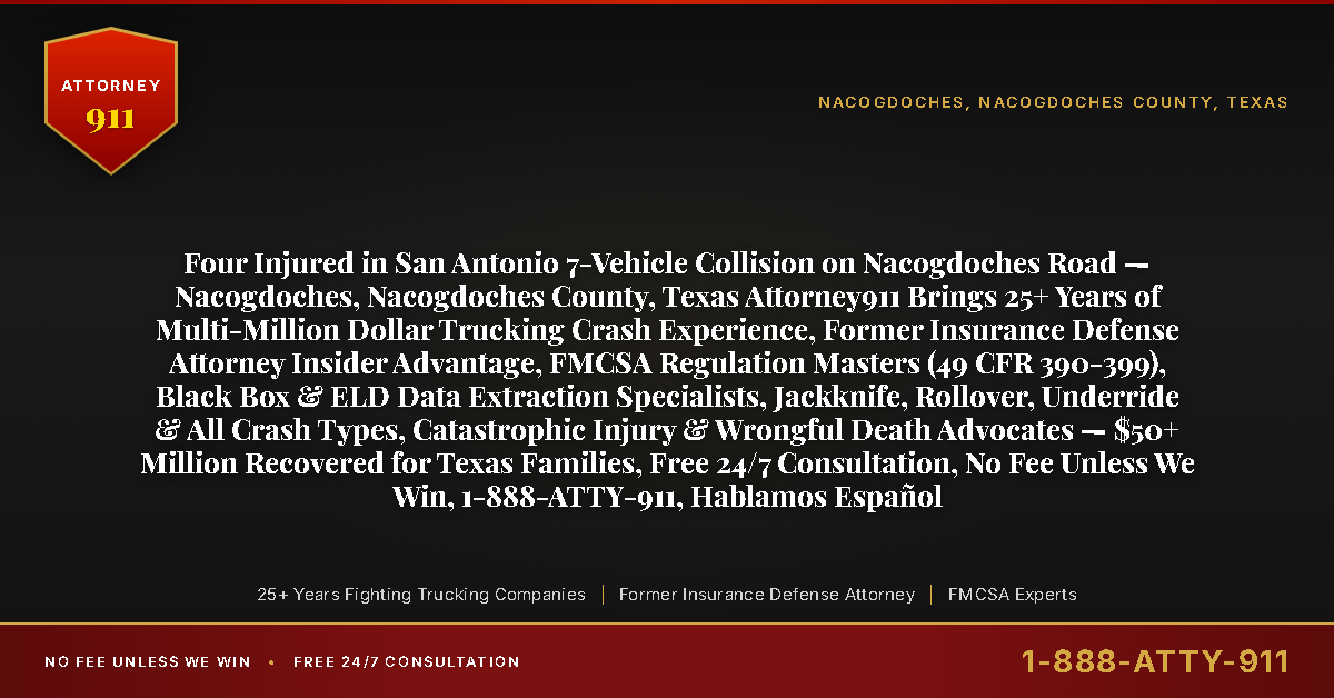 Four Injured in San Antonio 7-Vehicle Collision on Nacogdoches Road — Nacogdoches, Nacogdoches County, Texas Attorney911 Brings 25+ Years of Multi-Million Dollar Trucking Crash Experience, Former Insurance Defense Attorney Insider Advantage, FMCSA Regulation Masters (49 CFR 390-399), Black Box & ELD Data Extraction Specialists, Jackknife, Rollover, Underride & All Crash Types, Catastrophic Injury & Wrongful Death Advocates — $50+ Million Recovered for Texas Families, Free 24/7 Consultation, No Fee Unless We Win, 1-888-ATTY-911, Hablamos Español - Attorney911