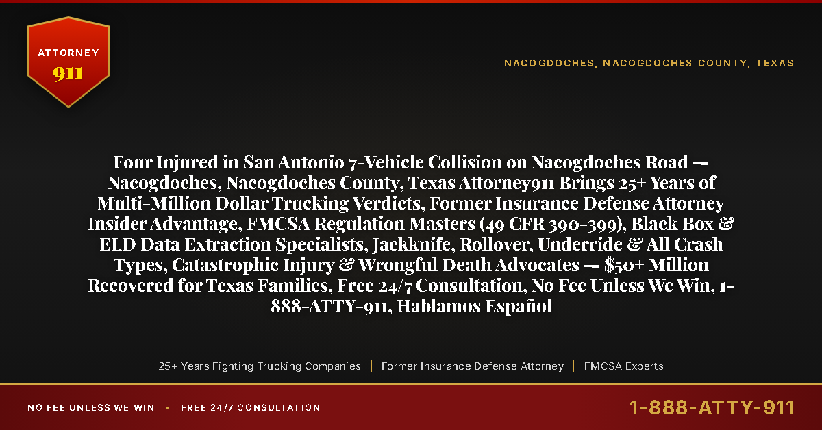 Four Injured in San Antonio 7-Vehicle Collision on Nacogdoches Road — Nacogdoches, Nacogdoches County, Texas Attorney911 Brings 25+ Years of Multi-Million Dollar Trucking Verdicts, Former Insurance Defense Attorney Insider Advantage, FMCSA Regulation Masters (49 CFR 390-399), Black Box & ELD Data Extraction Specialists, Jackknife, Rollover, Underride & All Crash Types, Catastrophic Injury & Wrongful Death Advocates — $50+ Million Recovered for Texas Families, Free 24/7 Consultation, No Fee Unless We Win, 1-888-ATTY-911, Hablamos Español - Attorney911