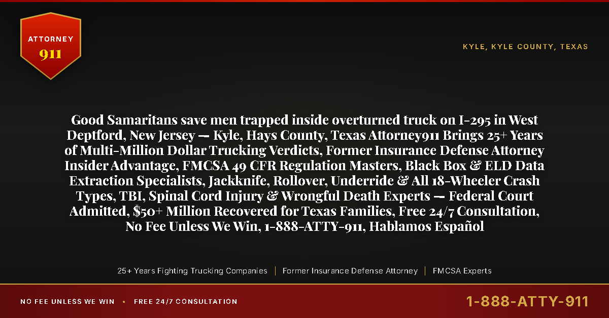 Good Samaritans save men trapped inside overturned truck on I-295 in West Deptford, New Jersey — Kyle, Hays County, Texas Attorney911 Brings 25+ Years of Multi-Million Dollar Trucking Verdicts, Former Insurance Defense Attorney Insider Advantage, FMCSA 49 CFR Regulation Masters, Black Box & ELD Data Extraction Specialists, Jackknife, Rollover, Underride & All 18-Wheeler Crash Types, TBI, Spinal Cord Injury & Wrongful Death Experts — Federal Court Admitted, $50+ Million Recovered for Texas Families, Free 24/7 Consultation, No Fee Unless We Win, 1-888-ATTY-911, Hablamos Español - Attorney911