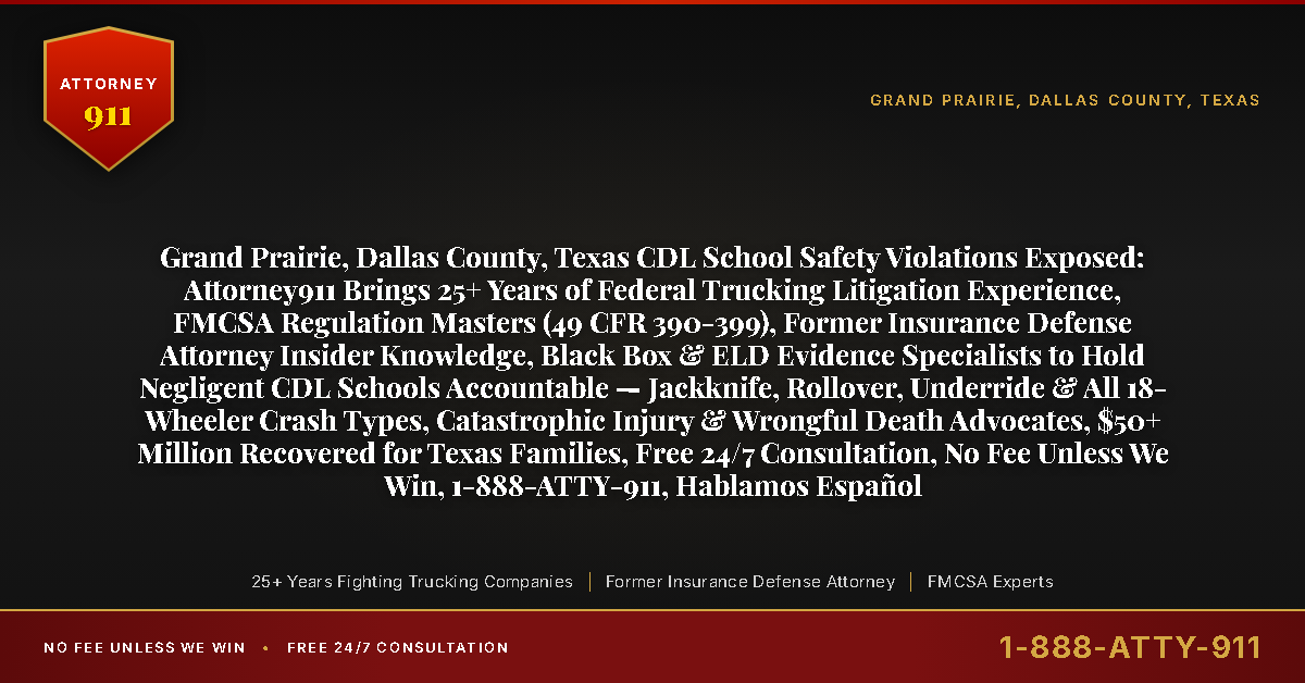 Grand Prairie, Dallas County, Texas CDL School Safety Violations Exposed: Attorney911 Brings 25+ Years of Federal Trucking Litigation Experience, FMCSA Regulation Masters (49 CFR 390-399), Former Insurance Defense Attorney Insider Knowledge, Black Box & ELD Evidence Specialists to Hold Negligent CDL Schools Accountable — Jackknife, Rollover, Underride & All 18-Wheeler Crash Types, Catastrophic Injury & Wrongful Death Advocates, $50+ Million Recovered for Texas Families, Free 24/7 Consultation, No Fee Unless We Win, 1-888-ATTY-911, Hablamos Español - Attorney911