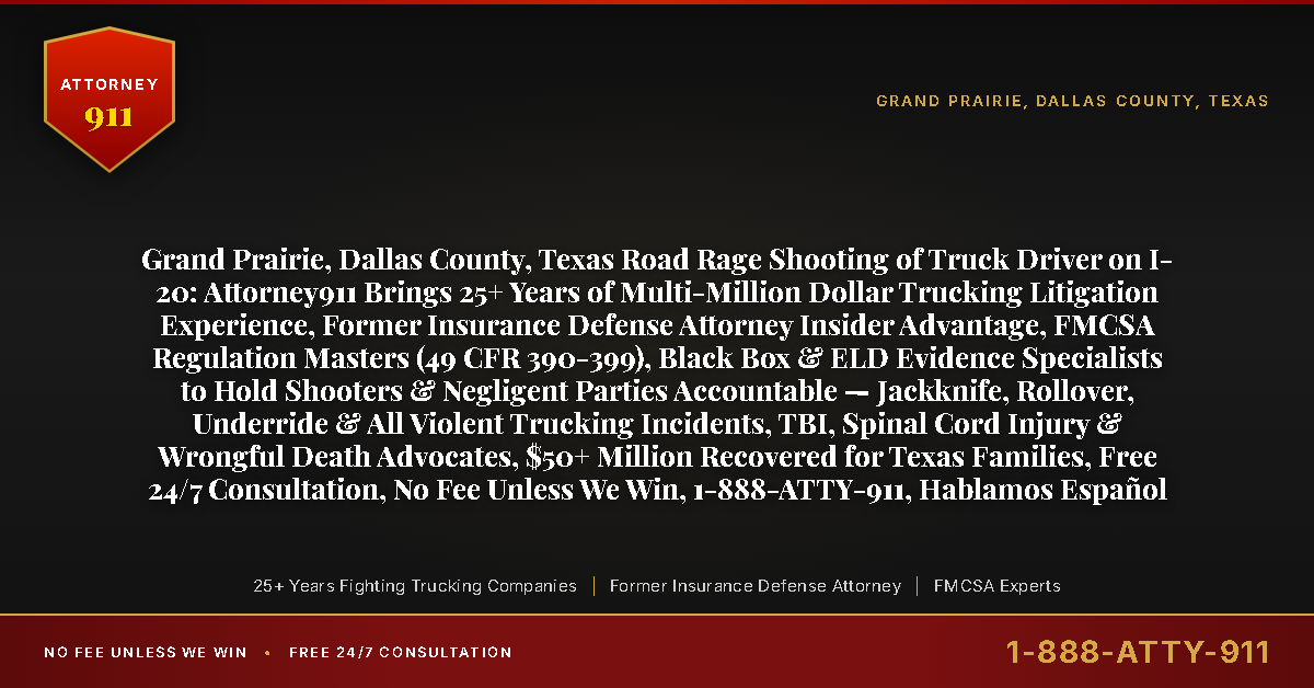 Grand Prairie, Dallas County, Texas Road Rage Shooting of Truck Driver on I-20: Attorney911 Brings 25+ Years of Multi-Million Dollar Trucking Litigation Experience, Former Insurance Defense Attorney Insider Advantage, FMCSA Regulation Masters (49 CFR 390-399), Black Box & ELD Evidence Specialists to Hold Shooters & Negligent Parties Accountable — Jackknife, Rollover, Underride & All Violent Trucking Incidents, TBI, Spinal Cord Injury & Wrongful Death Advocates, $50+ Million Recovered for Texas Families, Free 24/7 Consultation, No Fee Unless We Win, 1-888-ATTY-911, Hablamos Español - Attorney911