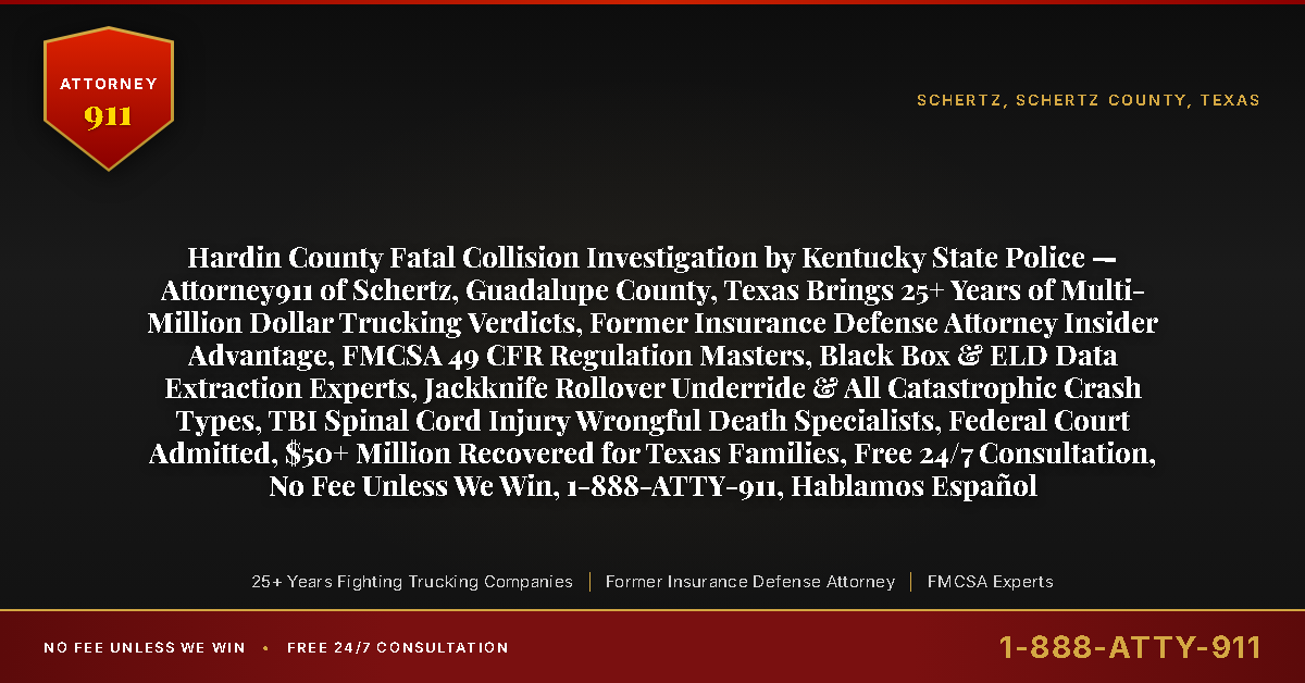 Hardin County Fatal Collision Investigation by Kentucky State Police — Attorney911 of Schertz, Guadalupe County, Texas Brings 25+ Years of Multi-Million Dollar Trucking Verdicts, Former Insurance Defense Attorney Insider Advantage, FMCSA 49 CFR Regulation Masters, Black Box & ELD Data Extraction Experts, Jackknife Rollover Underride & All Catastrophic Crash Types, TBI Spinal Cord Injury Wrongful Death Specialists, Federal Court Admitted, $50+ Million Recovered for Texas Families, Free 24/7 Consultation, No Fee Unless We Win, 1-888-ATTY-911, Hablamos Español - Attorney911