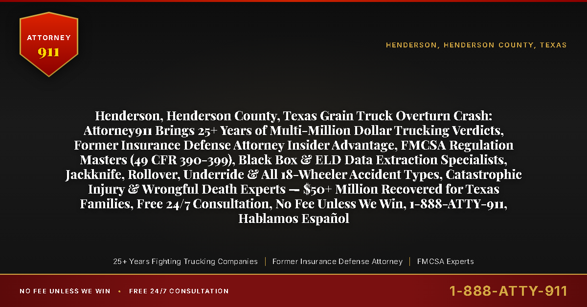 Henderson, Henderson County, Texas Grain Truck Overturn Crash: Attorney911 Brings 25+ Years of Multi-Million Dollar Trucking Verdicts, Former Insurance Defense Attorney Insider Advantage, FMCSA Regulation Masters (49 CFR 390-399), Black Box & ELD Data Extraction Specialists, Jackknife, Rollover, Underride & All 18-Wheeler Accident Types, Catastrophic Injury & Wrongful Death Experts — $50+ Million Recovered for Texas Families, Free 24/7 Consultation, No Fee Unless We Win, 1-888-ATTY-911, Hablamos Español - Attorney911