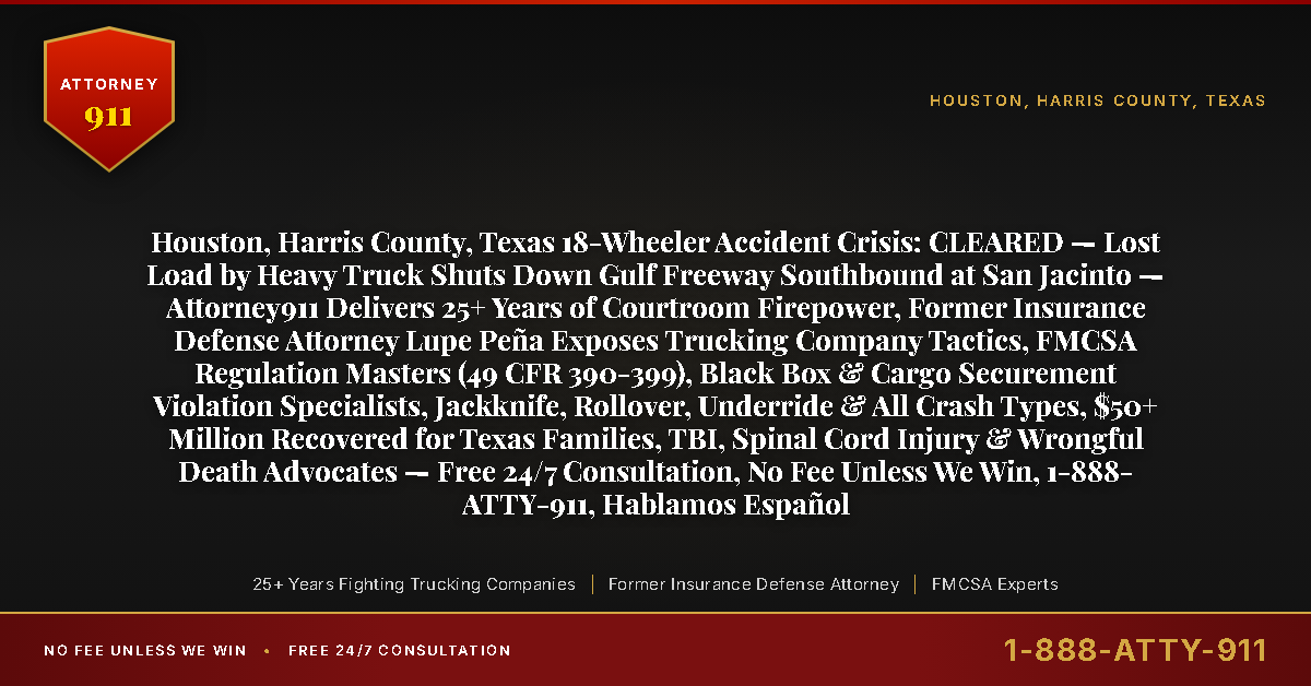 Houston, Harris County, Texas 18-Wheeler Accident Crisis: CLEARED — Lost Load by Heavy Truck Shuts Down Gulf Freeway Southbound at San Jacinto — Attorney911 Delivers 25+ Years of Courtroom Firepower, Former Insurance Defense Attorney Lupe Peña Exposes Trucking Company Tactics, FMCSA Regulation Masters (49 CFR 390-399), Black Box & Cargo Securement Violation Specialists, Jackknife, Rollover, Underride & All Crash Types, $50+ Million Recovered for Texas Families, TBI, Spinal Cord Injury & Wrongful Death Advocates — Free 24/7 Consultation, No Fee Unless We Win, 1-888-ATTY-911, Hablamos Español - Attorney911