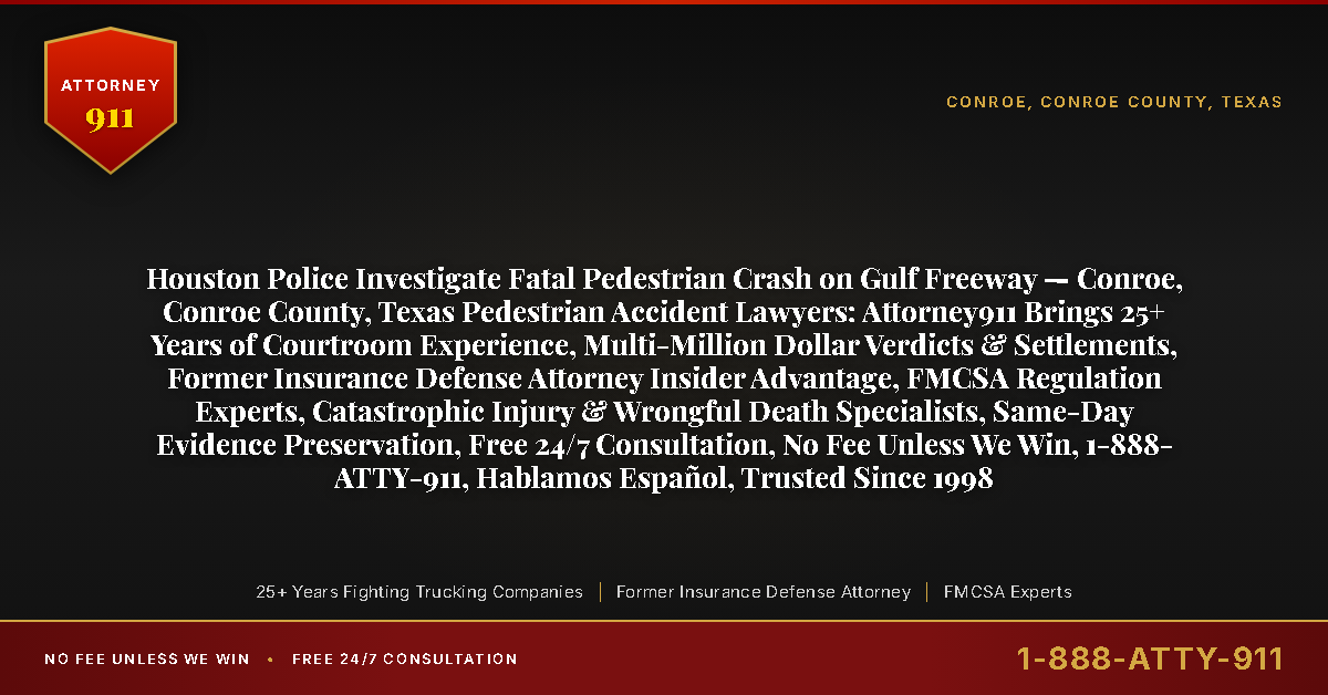 Houston Police Investigate Fatal Pedestrian Crash on Gulf Freeway — Conroe, Conroe County, Texas Pedestrian Accident Lawyers: Attorney911 Brings 25+ Years of Courtroom Experience, Multi-Million Dollar Verdicts & Settlements, Former Insurance Defense Attorney Insider Advantage, FMCSA Regulation Experts, Catastrophic Injury & Wrongful Death Specialists, Same-Day Evidence Preservation, Free 24/7 Consultation, No Fee Unless We Win, 1-888-ATTY-911, Hablamos Español, Trusted Since 1998 - Attorney911