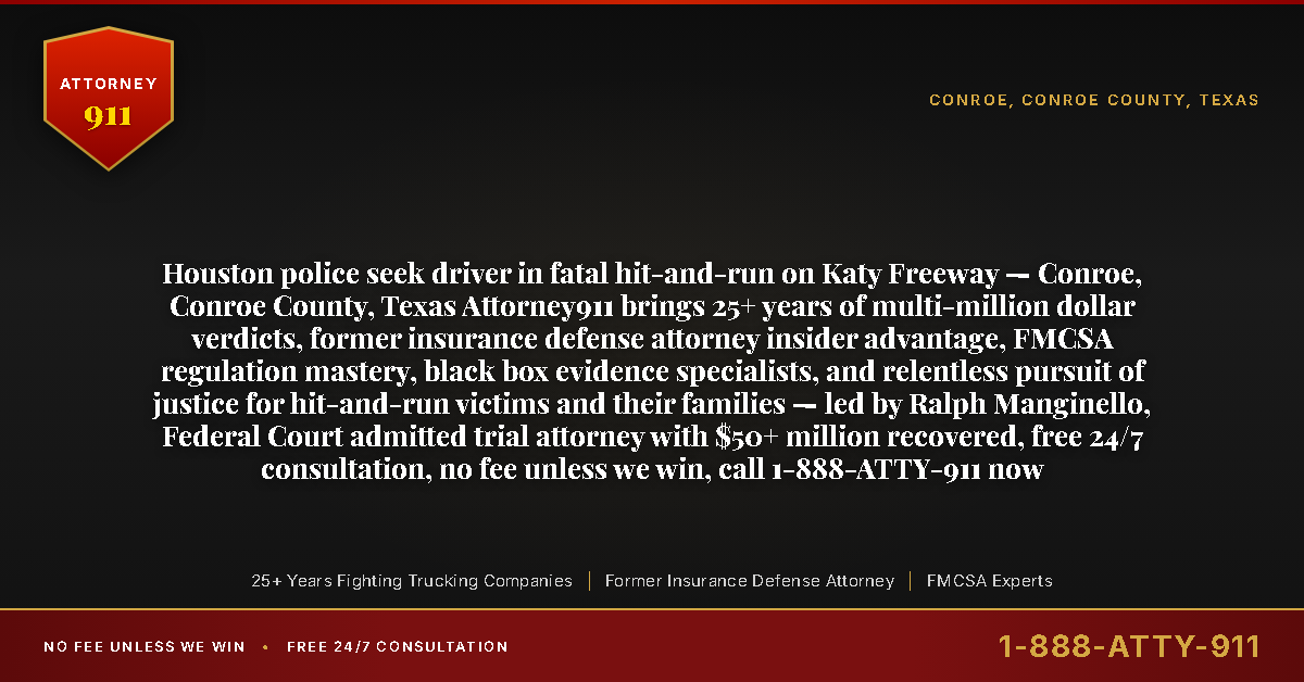 Houston police seek driver in fatal hit-and-run on Katy Freeway — Conroe, Conroe County, Texas Attorney911 brings 25+ years of multi-million dollar verdicts, former insurance defense attorney insider advantage, FMCSA regulation mastery, black box evidence specialists, and relentless pursuit of justice for hit-and-run victims and their families — led by Ralph Manginello, Federal Court admitted trial attorney with $50+ million recovered, free 24/7 consultation, no fee unless we win, call 1-888-ATTY-911 now - Attorney911
