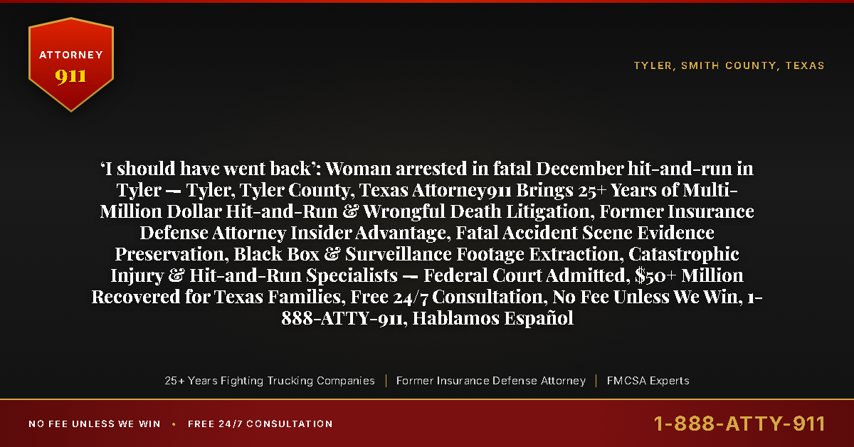 ‘I should have went back’: Woman arrested in fatal December hit-and-run in Tyler — Tyler, Tyler County, Texas Attorney911 Brings 25+ Years of Multi-Million Dollar Hit-and-Run & Wrongful Death Litigation, Former Insurance Defense Attorney Insider Advantage, Fatal Accident Scene Evidence Preservation, Black Box & Surveillance Footage Extraction, Catastrophic Injury & Hit-and-Run Specialists — Federal Court Admitted, $50+ Million Recovered for Texas Families, Free 24/7 Consultation, No Fee Unless We Win, 1-888-ATTY-911, Hablamos Español - Attorney911