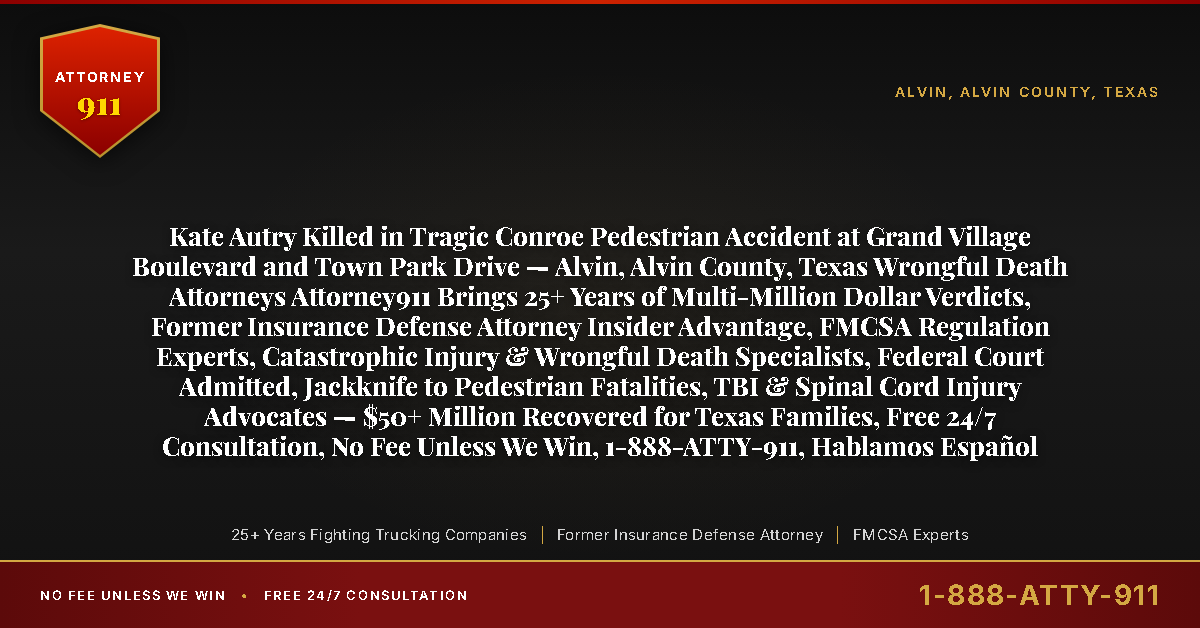 Kate Autry Killed in Tragic Conroe Pedestrian Accident at Grand Village Boulevard and Town Park Drive — Alvin, Alvin County, Texas Wrongful Death Attorneys Attorney911 Brings 25+ Years of Multi-Million Dollar Verdicts, Former Insurance Defense Attorney Insider Advantage, FMCSA Regulation Experts, Catastrophic Injury & Wrongful Death Specialists, Federal Court Admitted, Jackknife to Pedestrian Fatalities, TBI & Spinal Cord Injury Advocates — $50+ Million Recovered for Texas Families, Free 24/7 Consultation, No Fee Unless We Win, 1-888-ATTY-911, Hablamos Español - Attorney911