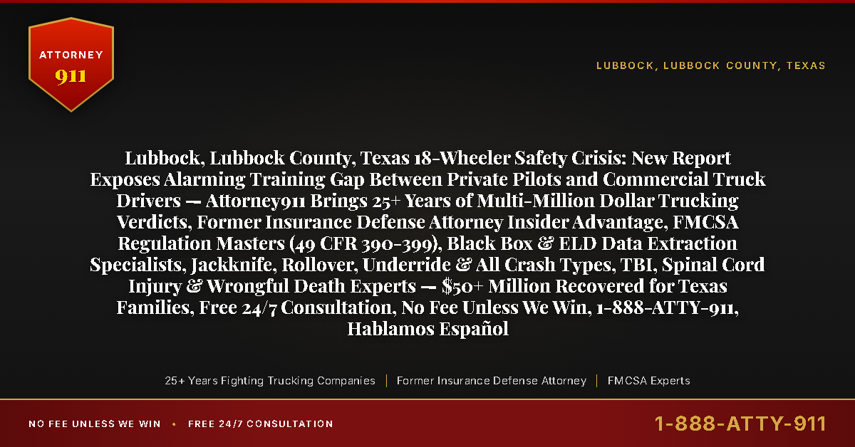 Lubbock, Lubbock County, Texas 18-Wheeler Safety Crisis: New Report Exposes Alarming Training Gap Between Private Pilots and Commercial Truck Drivers — Attorney911 Brings 25+ Years of Multi-Million Dollar Trucking Verdicts, Former Insurance Defense Attorney Insider Advantage, FMCSA Regulation Masters (49 CFR 390-399), Black Box & ELD Data Extraction Specialists, Jackknife, Rollover, Underride & All Crash Types, TBI, Spinal Cord Injury & Wrongful Death Experts — $50+ Million Recovered for Texas Families, Free 24/7 Consultation, No Fee Unless We Win, 1-888-ATTY-911, Hablamos Español - Attorney911
