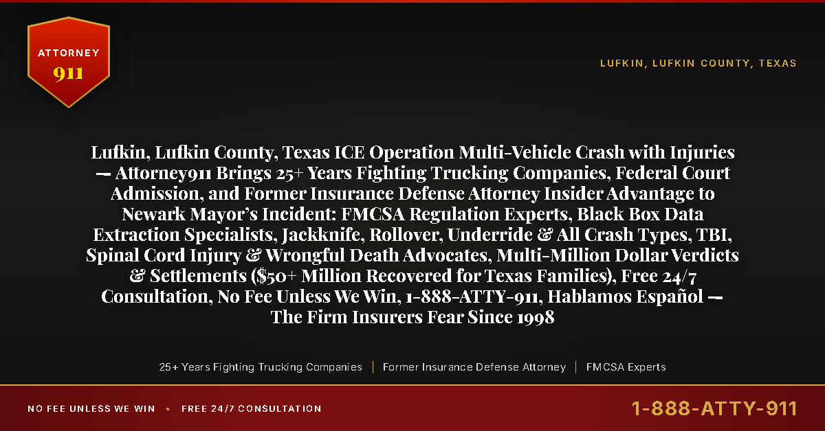 Lufkin, Lufkin County, Texas ICE Operation Multi-Vehicle Crash with Injuries — Attorney911 Brings 25+ Years Fighting Trucking Companies, Federal Court Admission, and Former Insurance Defense Attorney Insider Advantage to Newark Mayor’s Incident: FMCSA Regulation Experts, Black Box Data Extraction Specialists, Jackknife, Rollover, Underride & All Crash Types, TBI, Spinal Cord Injury & Wrongful Death Advocates, Multi-Million Dollar Verdicts & Settlements ($50+ Million Recovered for Texas Families), Free 24/7 Consultation, No Fee Unless We Win, 1-888-ATTY-911, Hablamos Español — The Firm Insurers Fear Since 1998 - Attorney911
