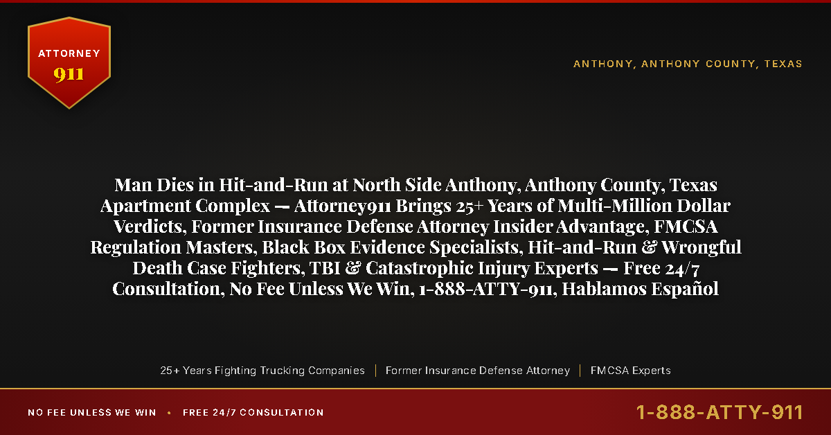 Man Dies in Hit-and-Run at North Side Anthony, Anthony County, Texas Apartment Complex — Attorney911 Brings 25+ Years of Multi-Million Dollar Verdicts, Former Insurance Defense Attorney Insider Advantage, FMCSA Regulation Masters, Black Box Evidence Specialists, Hit-and-Run & Wrongful Death Case Fighters, TBI & Catastrophic Injury Experts — Free 24/7 Consultation, No Fee Unless We Win, 1-888-ATTY-911, Hablamos Español - Attorney911
