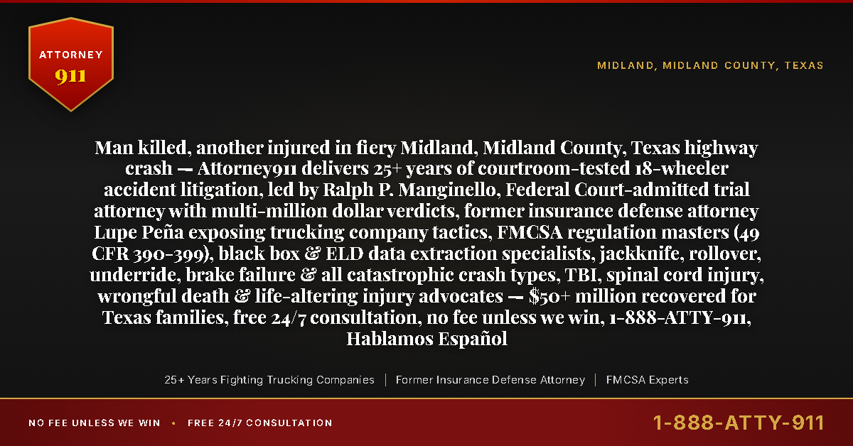 Man killed, another injured in fiery Midland, Midland County, Texas highway crash — Attorney911 delivers 25+ years of courtroom-tested 18-wheeler accident litigation, led by Ralph P. Manginello, Federal Court-admitted trial attorney with multi-million dollar verdicts, former insurance defense attorney Lupe Peña exposing trucking company tactics, FMCSA regulation masters (49 CFR 390-399), black box & ELD data extraction specialists, jackknife, rollover, underride, brake failure & all catastrophic crash types, TBI, spinal cord injury, wrongful death & life-altering injury advocates — $50+ million recovered for Texas families, free 24/7 consultation, no fee unless we win, 1-888-ATTY-911, Hablamos Español - Attorney911
