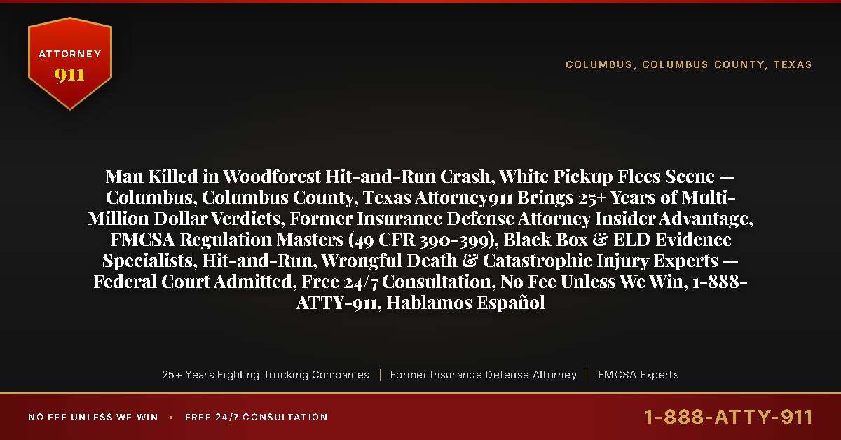 Man Killed in Woodforest Hit-and-Run Crash, White Pickup Flees Scene — Columbus, Columbus County, Texas Attorney911 Brings 25+ Years of Multi-Million Dollar Verdicts, Former Insurance Defense Attorney Insider Advantage, FMCSA Regulation Masters (49 CFR 390-399), Black Box & ELD Evidence Specialists, Hit-and-Run, Wrongful Death & Catastrophic Injury Experts — Federal Court Admitted, Free 24/7 Consultation, No Fee Unless We Win, 1-888-ATTY-911, Hablamos Español - Attorney911