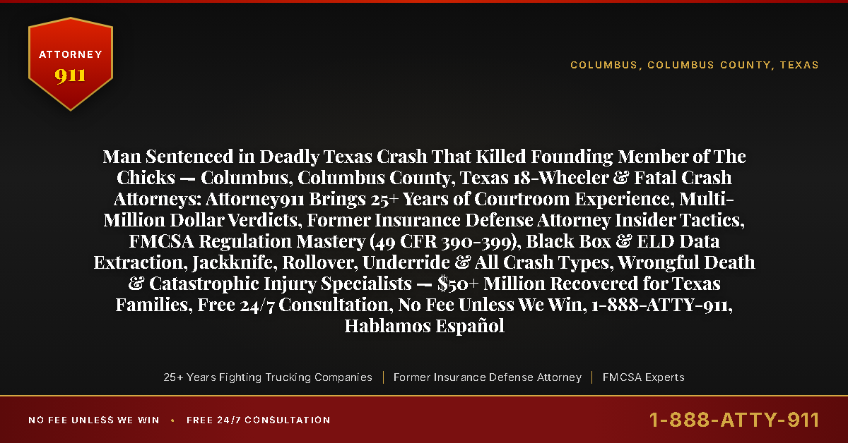 Man Sentenced in Deadly Texas Crash That Killed Founding Member of The Chicks — Columbus, Columbus County, Texas 18-Wheeler & Fatal Crash Attorneys: Attorney911 Brings 25+ Years of Courtroom Experience, Multi-Million Dollar Verdicts, Former Insurance Defense Attorney Insider Tactics, FMCSA Regulation Mastery (49 CFR 390-399), Black Box & ELD Data Extraction, Jackknife, Rollover, Underride & All Crash Types, Wrongful Death & Catastrophic Injury Specialists — $50+ Million Recovered for Texas Families, Free 24/7 Consultation, No Fee Unless We Win, 1-888-ATTY-911, Hablamos Español - Attorney911