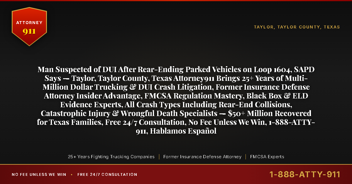 Man Suspected of DUI After Rear-Ending Parked Vehicles on Loop 1604, SAPD Says — Taylor, Taylor County, Texas Attorney911 Brings 25+ Years of Multi-Million Dollar Trucking & DUI Crash Litigation, Former Insurance Defense Attorney Insider Advantage, FMCSA Regulation Mastery, Black Box & ELD Evidence Experts, All Crash Types Including Rear-End Collisions, Catastrophic Injury & Wrongful Death Specialists — $50+ Million Recovered for Texas Families, Free 24/7 Consultation, No Fee Unless We Win, 1-888-ATTY-911, Hablamos Español - Attorney911