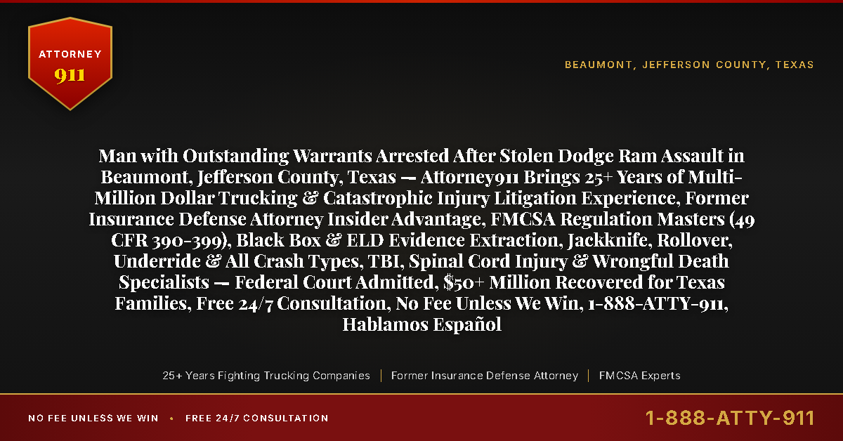Man with Outstanding Warrants Arrested After Stolen Dodge Ram Assault in Beaumont, Jefferson County, Texas — Attorney911 Brings 25+ Years of Multi-Million Dollar Trucking & Catastrophic Injury Litigation Experience, Former Insurance Defense Attorney Insider Advantage, FMCSA Regulation Masters (49 CFR 390-399), Black Box & ELD Evidence Extraction, Jackknife, Rollover, Underride & All Crash Types, TBI, Spinal Cord Injury & Wrongful Death Specialists — Federal Court Admitted, $50+ Million Recovered for Texas Families, Free 24/7 Consultation, No Fee Unless We Win, 1-888-ATTY-911, Hablamos Español - Attorney911