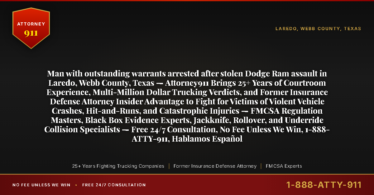 Man with outstanding warrants arrested after stolen Dodge Ram assault in Laredo, Webb County, Texas — Attorney911 Brings 25+ Years of Courtroom Experience, Multi-Million Dollar Trucking Verdicts, and Former Insurance Defense Attorney Insider Advantage to Fight for Victims of Violent Vehicle Crashes, Hit-and-Runs, and Catastrophic Injuries — FMCSA Regulation Masters, Black Box Evidence Experts, Jackknife, Rollover, and Underride Collision Specialists — Free 24/7 Consultation, No Fee Unless We Win, 1-888-ATTY-911, Hablamos Español - Attorney911