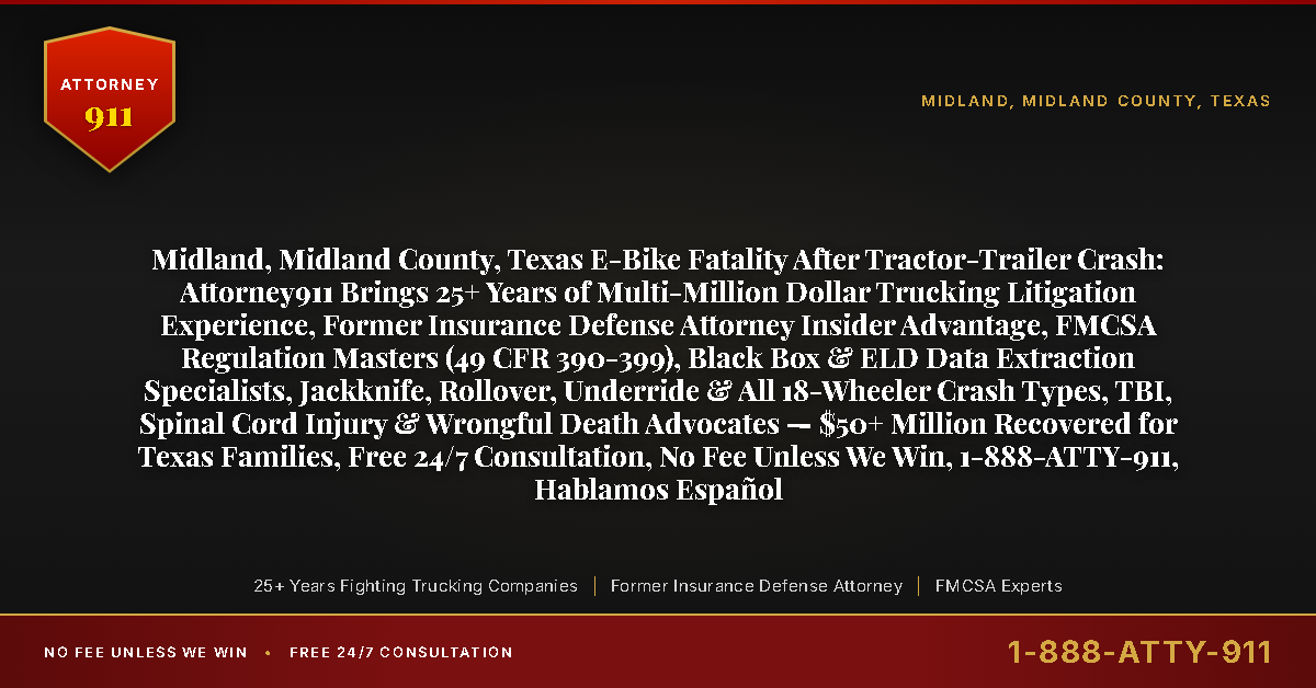 Midland, Midland County, Texas E-Bike Fatality After Tractor-Trailer Crash: Attorney911 Brings 25+ Years of Multi-Million Dollar Trucking Litigation Experience, Former Insurance Defense Attorney Insider Advantage, FMCSA Regulation Masters (49 CFR 390-399), Black Box & ELD Data Extraction Specialists, Jackknife, Rollover, Underride & All 18-Wheeler Crash Types, TBI, Spinal Cord Injury & Wrongful Death Advocates — $50+ Million Recovered for Texas Families, Free 24/7 Consultation, No Fee Unless We Win, 1-888-ATTY-911, Hablamos Español - Attorney911