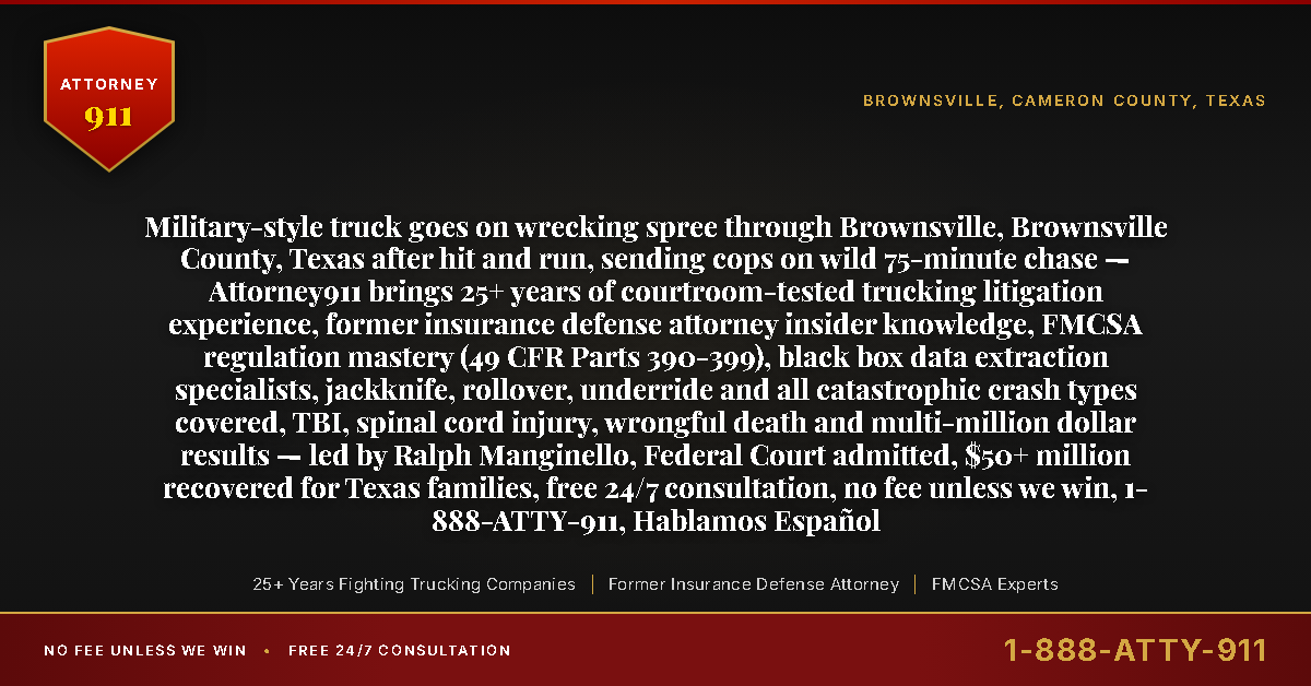 Military-style truck goes on wrecking spree through Brownsville, Brownsville County, Texas after hit and run, sending cops on wild 75-minute chase — Attorney911 brings 25+ years of courtroom-tested trucking litigation experience, former insurance defense attorney insider knowledge, FMCSA regulation mastery (49 CFR Parts 390-399), black box data extraction specialists, jackknife, rollover, underride and all catastrophic crash types covered, TBI, spinal cord injury, wrongful death and multi-million dollar results — led by Ralph Manginello, Federal Court admitted, $50+ million recovered for Texas families, free 24/7 consultation, no fee unless we win, 1-888-ATTY-911, Hablamos Español - Attorney911