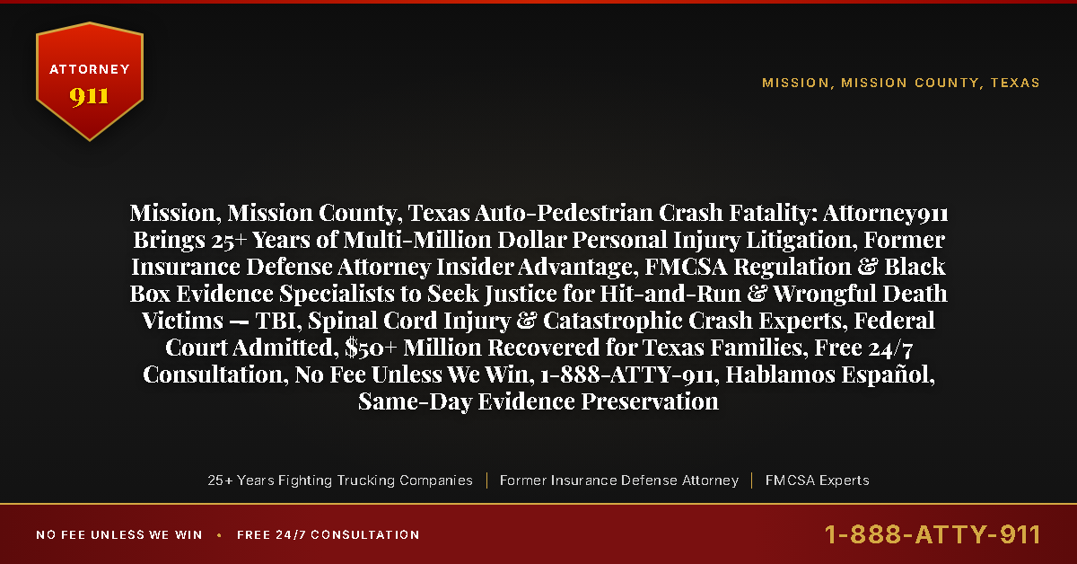 Mission, Mission County, Texas Auto-Pedestrian Crash Fatality: Attorney911 Brings 25+ Years of Multi-Million Dollar Personal Injury Litigation, Former Insurance Defense Attorney Insider Advantage, FMCSA Regulation & Black Box Evidence Specialists to Seek Justice for Hit-and-Run & Wrongful Death Victims — TBI, Spinal Cord Injury & Catastrophic Crash Experts, Federal Court Admitted, $50+ Million Recovered for Texas Families, Free 24/7 Consultation, No Fee Unless We Win, 1-888-ATTY-911, Hablamos Español, Same-Day Evidence Preservation - Attorney911