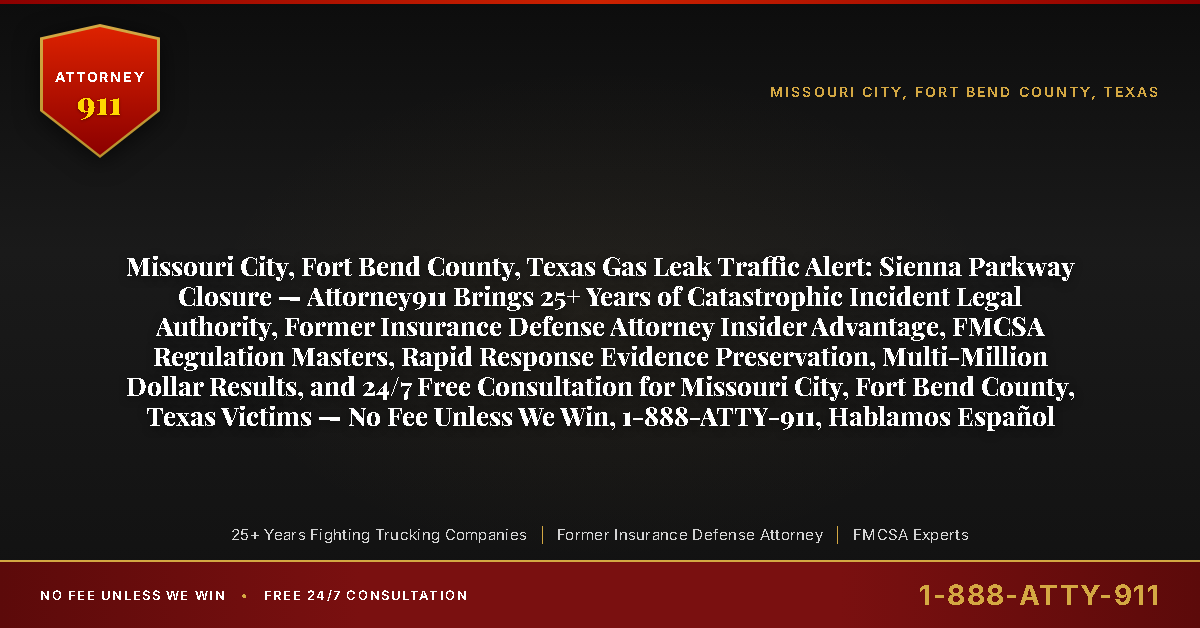Missouri City, Fort Bend County, Texas Gas Leak Traffic Alert: Sienna Parkway Closure — Attorney911 Brings 25+ Years of Catastrophic Incident Legal Authority, Former Insurance Defense Attorney Insider Advantage, FMCSA Regulation Masters, Rapid Response Evidence Preservation, Multi-Million Dollar Results, and 24/7 Free Consultation for Missouri City, Fort Bend County, Texas Victims — No Fee Unless We Win, 1-888-ATTY-911, Hablamos Español - Attorney911