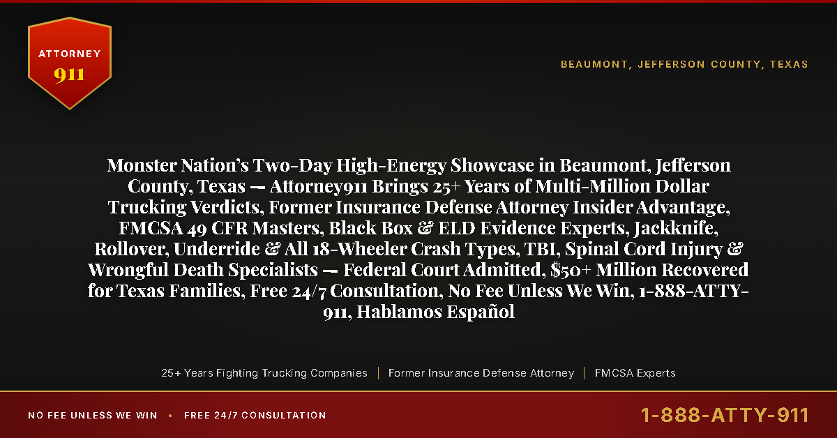 Monster Nation’s Two-Day High-Energy Showcase in Beaumont, Jefferson County, Texas — Attorney911 Brings 25+ Years of Multi-Million Dollar Trucking Verdicts, Former Insurance Defense Attorney Insider Advantage, FMCSA 49 CFR Masters, Black Box & ELD Evidence Experts, Jackknife, Rollover, Underride & All 18-Wheeler Crash Types, TBI, Spinal Cord Injury & Wrongful Death Specialists — Federal Court Admitted, $50+ Million Recovered for Texas Families, Free 24/7 Consultation, No Fee Unless We Win, 1-888-ATTY-911, Hablamos Español - Attorney911