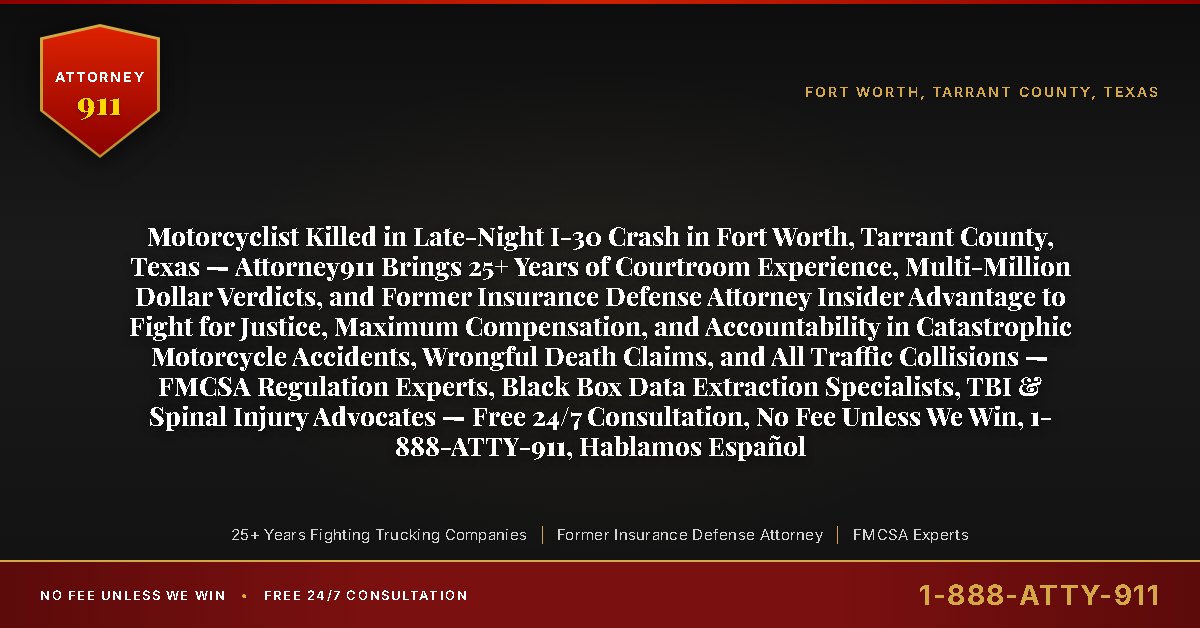Motorcyclist Killed in Late-Night I-30 Crash in Fort Worth, Tarrant County, Texas — Attorney911 Brings 25+ Years of Courtroom Experience, Multi-Million Dollar Verdicts, and Former Insurance Defense Attorney Insider Advantage to Fight for Justice, Maximum Compensation, and Accountability in Catastrophic Motorcycle Accidents, Wrongful Death Claims, and All Traffic Collisions — FMCSA Regulation Experts, Black Box Data Extraction Specialists, TBI & Spinal Injury Advocates — Free 24/7 Consultation, No Fee Unless We Win, 1-888-ATTY-911, Hablamos Español - Attorney911