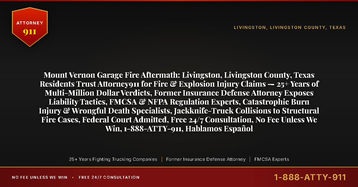Mount Vernon Garage Fire Aftermath: Livingston, Livingston County, Texas Residents Trust Attorney911 for Fire & Explosion Injury Claims — 25+ Years of Multi-Million Dollar Verdicts, Former Insurance Defense Attorney Exposes Liability Tactics, FMCSA & NFPA Regulation Experts, Catastrophic Burn Injury & Wrongful Death Specialists, Jackknife-Truck Collisions to Structural Fire Cases, Federal Court Admitted, Free 24/7 Consultation, No Fee Unless We Win, 1-888-ATTY-911, Hablamos Español - Attorney911