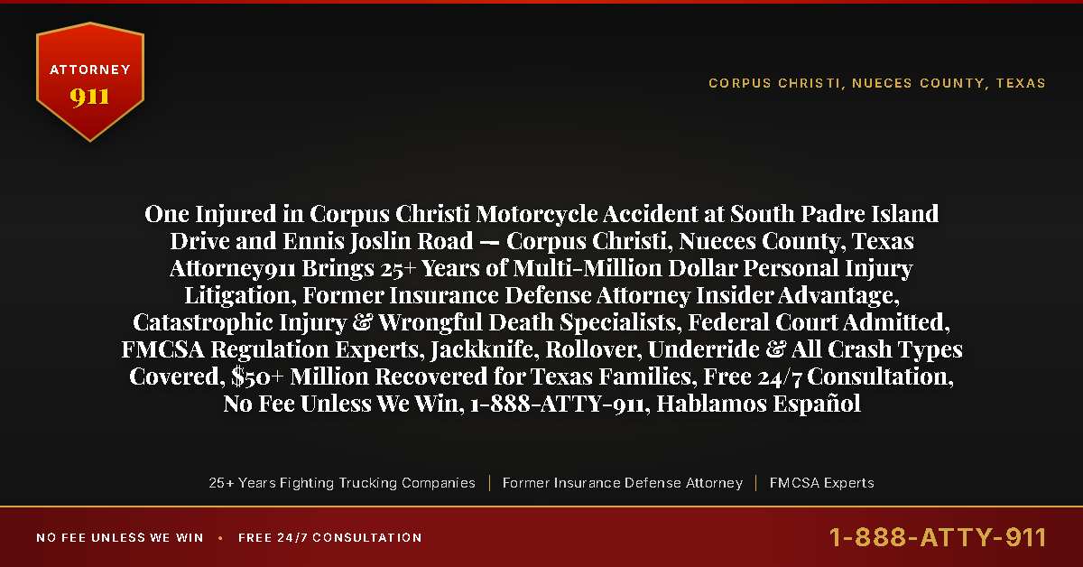 One Injured in Corpus Christi Motorcycle Accident at South Padre Island Drive and Ennis Joslin Road — Corpus Christi, Nueces County, Texas Attorney911 Brings 25+ Years of Multi-Million Dollar Personal Injury Litigation, Former Insurance Defense Attorney Insider Advantage, Catastrophic Injury & Wrongful Death Specialists, Federal Court Admitted, FMCSA Regulation Experts, Jackknife, Rollover, Underride & All Crash Types Covered, $50+ Million Recovered for Texas Families, Free 24/7 Consultation, No Fee Unless We Win, 1-888-ATTY-911, Hablamos Español - Attorney911