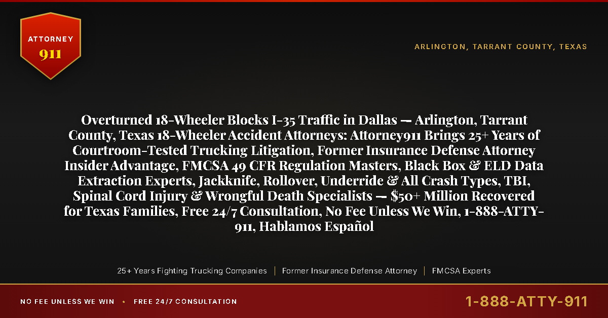 Overturned 18-Wheeler Blocks I-35 Traffic in Dallas — Arlington, Tarrant County, Texas 18-Wheeler Accident Attorneys: Attorney911 Brings 25+ Years of Courtroom-Tested Trucking Litigation, Former Insurance Defense Attorney Insider Advantage, FMCSA 49 CFR Regulation Masters, Black Box & ELD Data Extraction Experts, Jackknife, Rollover, Underride & All Crash Types, TBI, Spinal Cord Injury & Wrongful Death Specialists — $50+ Million Recovered for Texas Families, Free 24/7 Consultation, No Fee Unless We Win, 1-888-ATTY-911, Hablamos Español - Attorney911