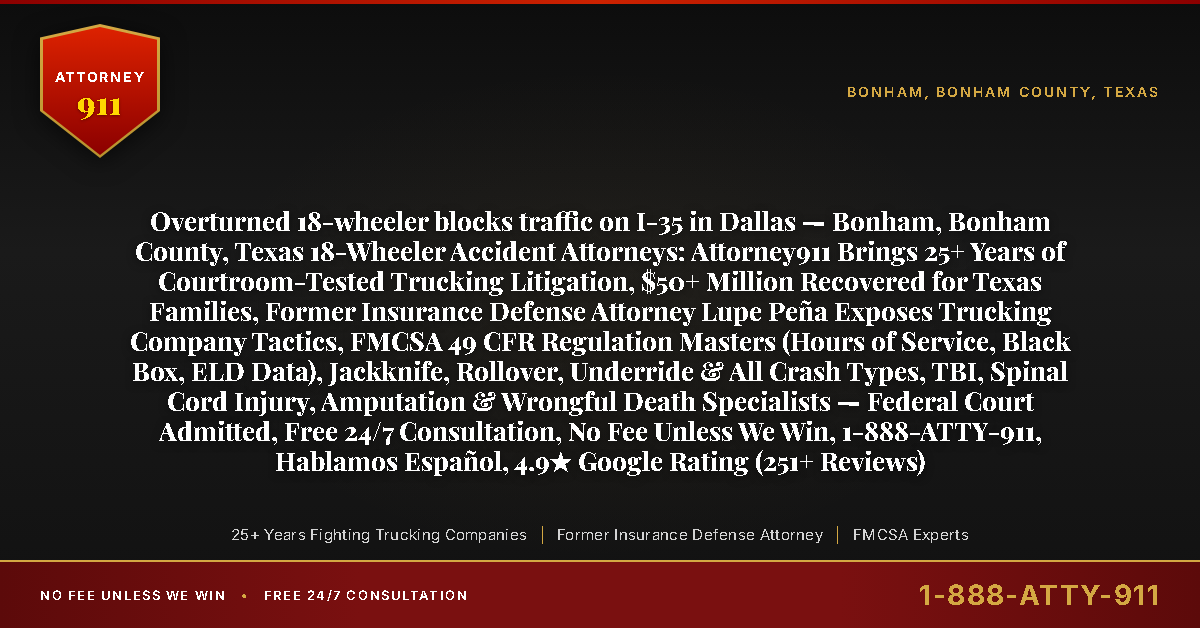 Overturned 18-wheeler blocks traffic on I-35 in Dallas — Bonham, Bonham County, Texas 18-Wheeler Accident Attorneys: Attorney911 Brings 25+ Years of Courtroom-Tested Trucking Litigation, $50+ Million Recovered for Texas Families, Former Insurance Defense Attorney Lupe Peña Exposes Trucking Company Tactics, FMCSA 49 CFR Regulation Masters (Hours of Service, Black Box, ELD Data), Jackknife, Rollover, Underride & All Crash Types, TBI, Spinal Cord Injury, Amputation & Wrongful Death Specialists — Federal Court Admitted, Free 24/7 Consultation, No Fee Unless We Win, 1-888-ATTY-911, Hablamos Español, 4.9★ Google Rating (251+ Reviews) - Attorney911
