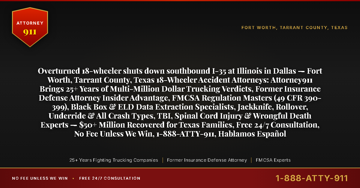 Overturned 18-wheeler shuts down southbound I-35 at Illinois in Dallas — Fort Worth, Tarrant County, Texas 18-Wheeler Accident Attorneys: Attorney911 Brings 25+ Years of Multi-Million Dollar Trucking Verdicts, Former Insurance Defense Attorney Insider Advantage, FMCSA Regulation Masters (49 CFR 390-399), Black Box & ELD Data Extraction Specialists, Jackknife, Rollover, Underride & All Crash Types, TBI, Spinal Cord Injury & Wrongful Death Experts — $50+ Million Recovered for Texas Families, Free 24/7 Consultation, No Fee Unless We Win, 1-888-ATTY-911, Hablamos Español - Attorney911