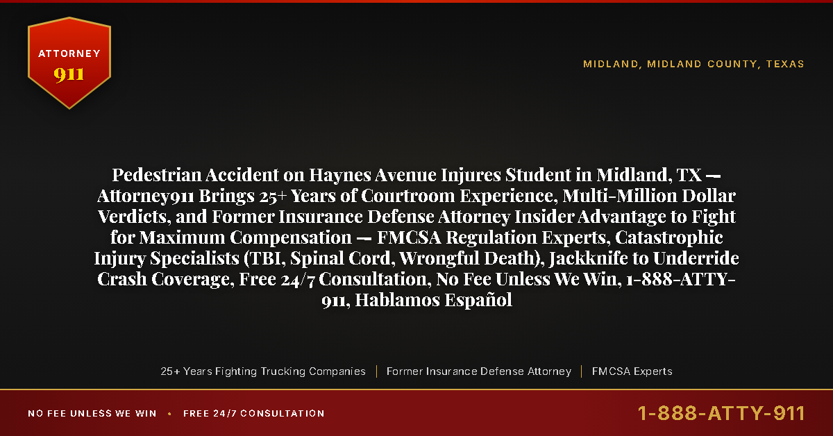 Pedestrian Accident on Haynes Avenue Injures Student in Midland, TX — Attorney911 Brings 25+ Years of Courtroom Experience, Multi-Million Dollar Verdicts, and Former Insurance Defense Attorney Insider Advantage to Fight for Maximum Compensation — FMCSA Regulation Experts, Catastrophic Injury Specialists (TBI, Spinal Cord, Wrongful Death), Jackknife to Underride Crash Coverage, Free 24/7 Consultation, No Fee Unless We Win, 1-888-ATTY-911, Hablamos Español - Attorney911