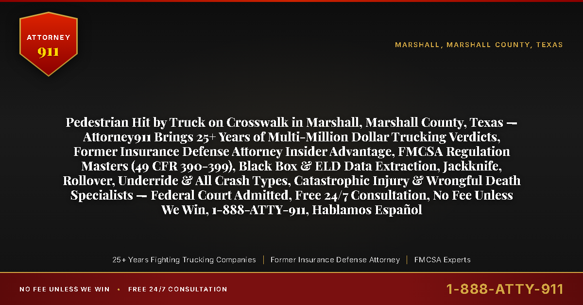 Pedestrian Hit by Truck on Crosswalk in Marshall, Marshall County, Texas — Attorney911 Brings 25+ Years of Multi-Million Dollar Trucking Verdicts, Former Insurance Defense Attorney Insider Advantage, FMCSA Regulation Masters (49 CFR 390-399), Black Box & ELD Data Extraction, Jackknife, Rollover, Underride & All Crash Types, Catastrophic Injury & Wrongful Death Specialists — Federal Court Admitted, Free 24/7 Consultation, No Fee Unless We Win, 1-888-ATTY-911, Hablamos Español - Attorney911