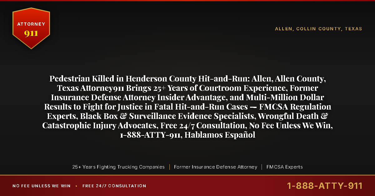 Pedestrian Killed in Henderson County Hit-and-Run: Allen, Allen County, Texas Attorney911 Brings 25+ Years of Courtroom Experience, Former Insurance Defense Attorney Insider Advantage, and Multi-Million Dollar Results to Fight for Justice in Fatal Hit-and-Run Cases — FMCSA Regulation Experts, Black Box & Surveillance Evidence Specialists, Wrongful Death & Catastrophic Injury Advocates, Free 24/7 Consultation, No Fee Unless We Win, 1-888-ATTY-911, Hablamos Español - Attorney911