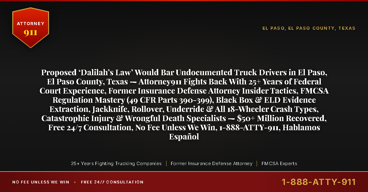 Proposed ‘Dalilah’s Law’ Would Bar Undocumented Truck Drivers in El Paso, El Paso County, Texas — Attorney911 Fights Back With 25+ Years of Federal Court Experience, Former Insurance Defense Attorney Insider Tactics, FMCSA Regulation Mastery (49 CFR Parts 390-399), Black Box & ELD Evidence Extraction, Jackknife, Rollover, Underride & All 18-Wheeler Crash Types, Catastrophic Injury & Wrongful Death Specialists — $50+ Million Recovered, Free 24/7 Consultation, No Fee Unless We Win, 1-888-ATTY-911, Hablamos Español - Attorney911