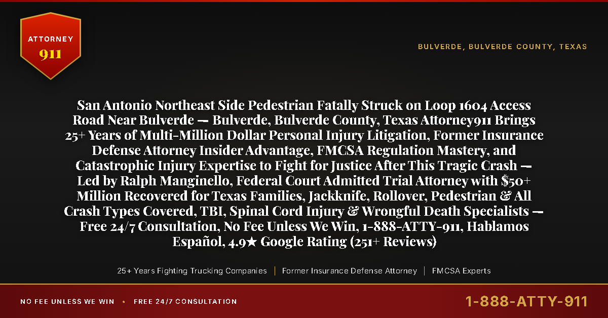 San Antonio Northeast Side Pedestrian Fatally Struck on Loop 1604 Access Road Near Bulverde — Bulverde, Bulverde County, Texas Attorney911 Brings 25+ Years of Multi-Million Dollar Personal Injury Litigation, Former Insurance Defense Attorney Insider Advantage, FMCSA Regulation Mastery, and Catastrophic Injury Expertise to Fight for Justice After This Tragic Crash — Led by Ralph Manginello, Federal Court Admitted Trial Attorney with $50+ Million Recovered for Texas Families, Jackknife, Rollover, Pedestrian & All Crash Types Covered, TBI, Spinal Cord Injury & Wrongful Death Specialists — Free 24/7 Consultation, No Fee Unless We Win, 1-888-ATTY-911, Hablamos Español, 4.9★ Google Rating (251+ Reviews) - Attorney911