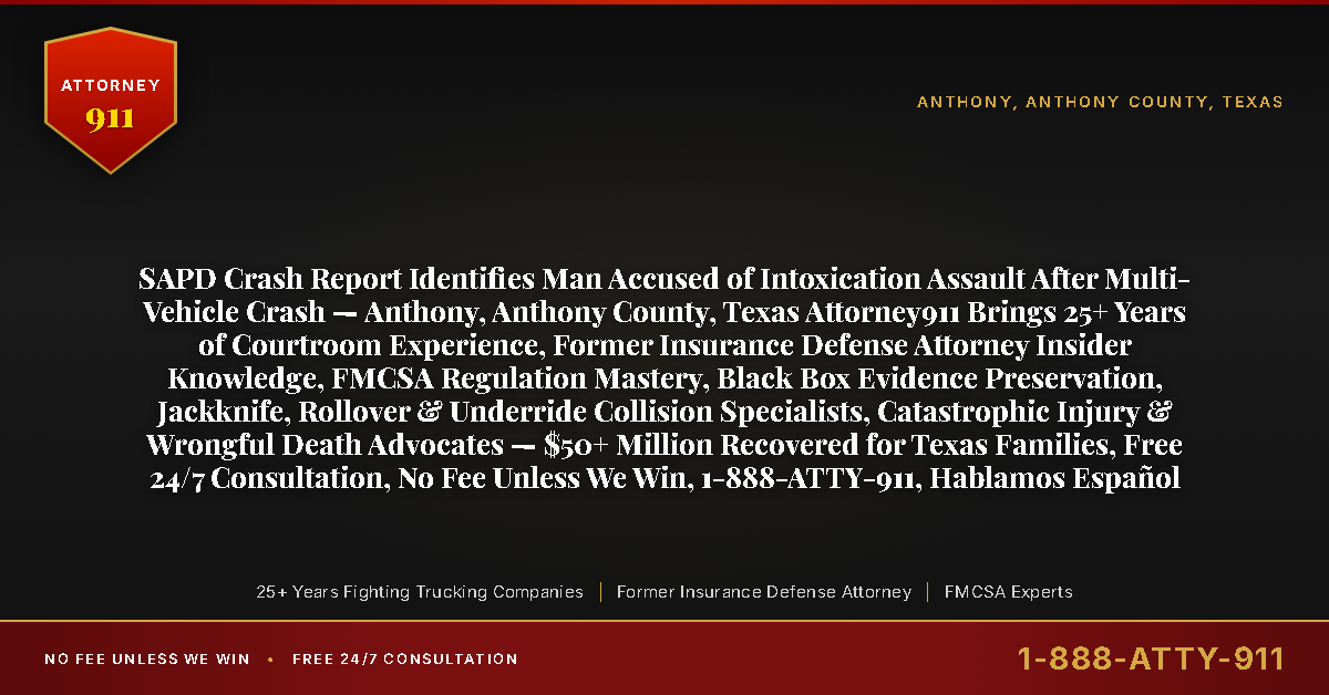 SAPD Crash Report Identifies Man Accused of Intoxication Assault After Multi-Vehicle Crash — Anthony, Anthony County, Texas Attorney911 Brings 25+ Years of Courtroom Experience, Former Insurance Defense Attorney Insider Knowledge, FMCSA Regulation Mastery, Black Box Evidence Preservation, Jackknife, Rollover & Underride Collision Specialists, Catastrophic Injury & Wrongful Death Advocates — $50+ Million Recovered for Texas Families, Free 24/7 Consultation, No Fee Unless We Win, 1-888-ATTY-911, Hablamos Español - Attorney911