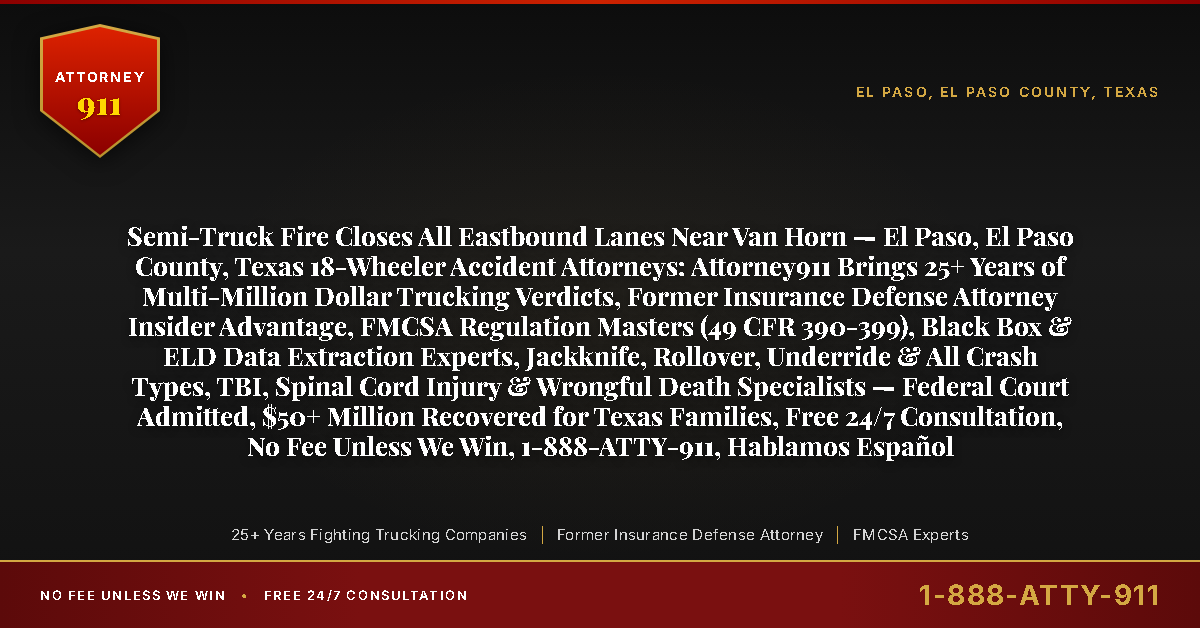 Semi-Truck Fire Closes All Eastbound Lanes Near Van Horn — El Paso, El Paso County, Texas 18-Wheeler Accident Attorneys: Attorney911 Brings 25+ Years of Multi-Million Dollar Trucking Verdicts, Former Insurance Defense Attorney Insider Advantage, FMCSA Regulation Masters (49 CFR 390-399), Black Box & ELD Data Extraction Experts, Jackknife, Rollover, Underride & All Crash Types, TBI, Spinal Cord Injury & Wrongful Death Specialists — Federal Court Admitted, $50+ Million Recovered for Texas Families, Free 24/7 Consultation, No Fee Unless We Win, 1-888-ATTY-911, Hablamos Español - Attorney911