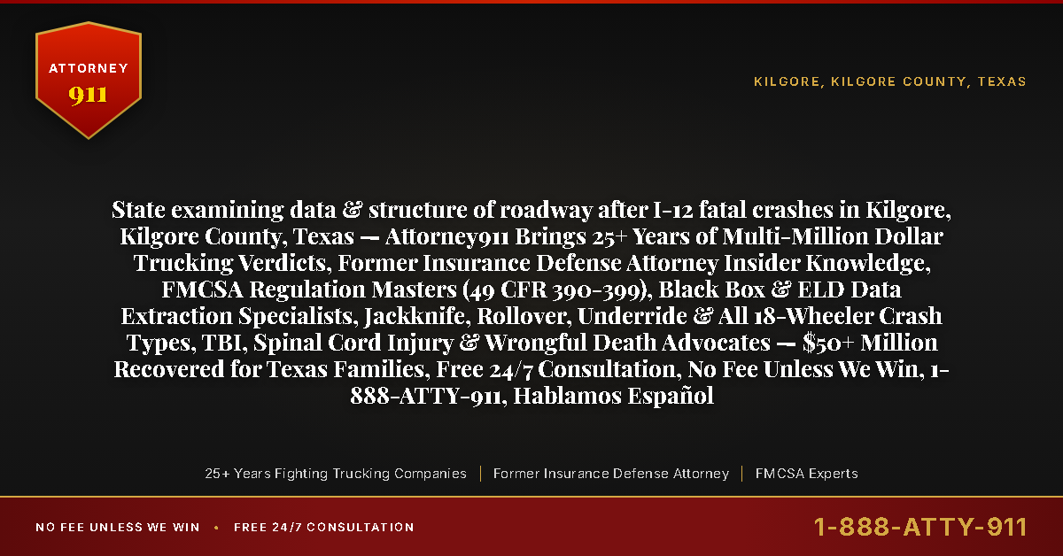 State examining data & structure of roadway after I-12 fatal crashes in Kilgore, Kilgore County, Texas — Attorney911 Brings 25+ Years of Multi-Million Dollar Trucking Verdicts, Former Insurance Defense Attorney Insider Knowledge, FMCSA Regulation Masters (49 CFR 390-399), Black Box & ELD Data Extraction Specialists, Jackknife, Rollover, Underride & All 18-Wheeler Crash Types, TBI, Spinal Cord Injury & Wrongful Death Advocates — $50+ Million Recovered for Texas Families, Free 24/7 Consultation, No Fee Unless We Win, 1-888-ATTY-911, Hablamos Español - Attorney911