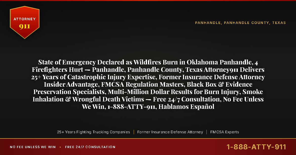 State of Emergency Declared as Wildfires Burn in Oklahoma Panhandle, 4 Firefighters Hurt — Panhandle, Panhandle County, Texas Attorney911 Delivers 25+ Years of Catastrophic Injury Expertise, Former Insurance Defense Attorney Insider Advantage, FMCSA Regulation Masters, Black Box & Evidence Preservation Specialists, Multi-Million Dollar Results for Burn Injury, Smoke Inhalation & Wrongful Death Victims — Free 24/7 Consultation, No Fee Unless We Win, 1-888-ATTY-911, Hablamos Español - Attorney911