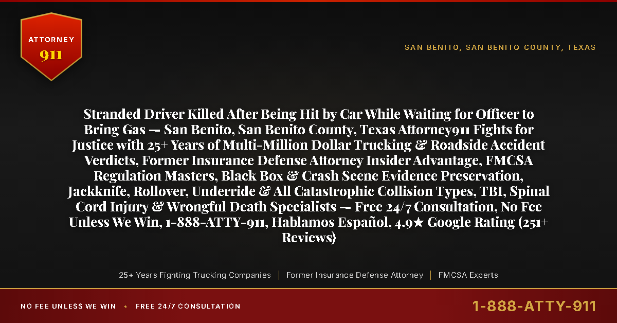 Stranded Driver Killed After Being Hit by Car While Waiting for Officer to Bring Gas — San Benito, San Benito County, Texas Attorney911 Fights for Justice with 25+ Years of Multi-Million Dollar Trucking & Roadside Accident Verdicts, Former Insurance Defense Attorney Insider Advantage, FMCSA Regulation Masters, Black Box & Crash Scene Evidence Preservation, Jackknife, Rollover, Underride & All Catastrophic Collision Types, TBI, Spinal Cord Injury & Wrongful Death Specialists — Free 24/7 Consultation, No Fee Unless We Win, 1-888-ATTY-911, Hablamos Español, 4.9★ Google Rating (251+ Reviews) - Attorney911