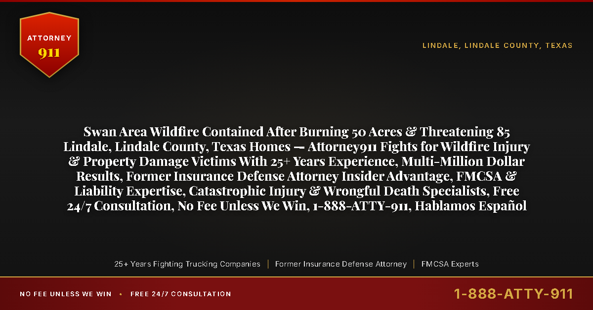Swan Area Wildfire Contained After Burning 50 Acres & Threatening 85 Lindale, Lindale County, Texas Homes — Attorney911 Fights for Wildfire Injury & Property Damage Victims With 25+ Years Experience, Multi-Million Dollar Results, Former Insurance Defense Attorney Insider Advantage, FMCSA & Liability Expertise, Catastrophic Injury & Wrongful Death Specialists, Free 24/7 Consultation, No Fee Unless We Win, 1-888-ATTY-911, Hablamos Español - Attorney911